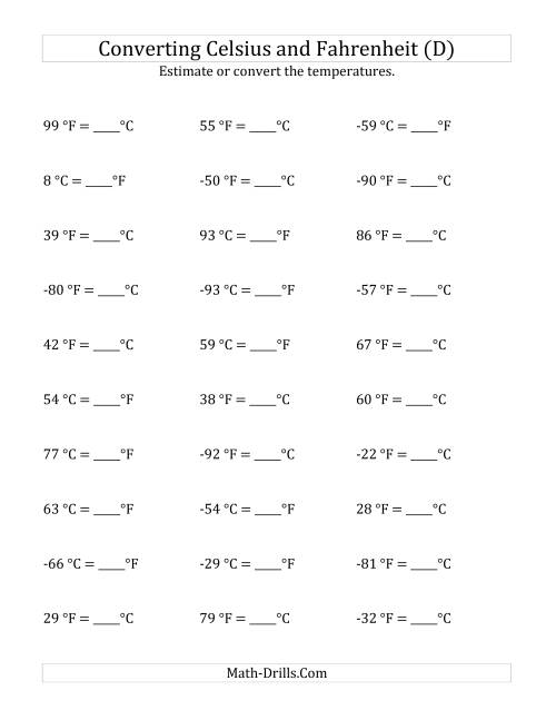 The Converting Between Fahrenheit and Celsius with Negative Values (D) Math Worksheet