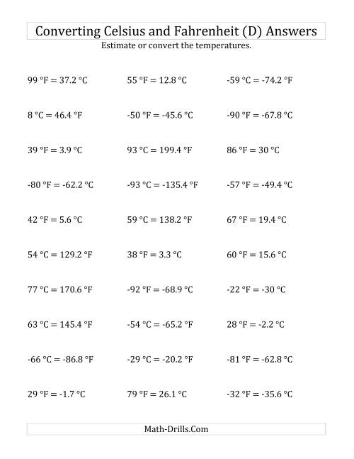 The Converting Between Fahrenheit and Celsius with Negative Values (D) Math Worksheet Page 2