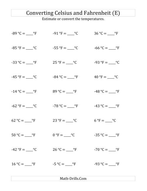 The Converting Between Fahrenheit and Celsius with Negative Values (E) Math Worksheet