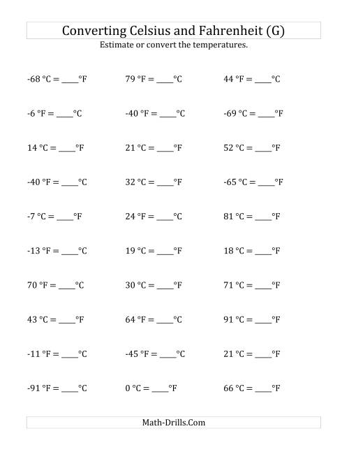 The Converting Between Fahrenheit and Celsius with Negative Values (G) Math Worksheet