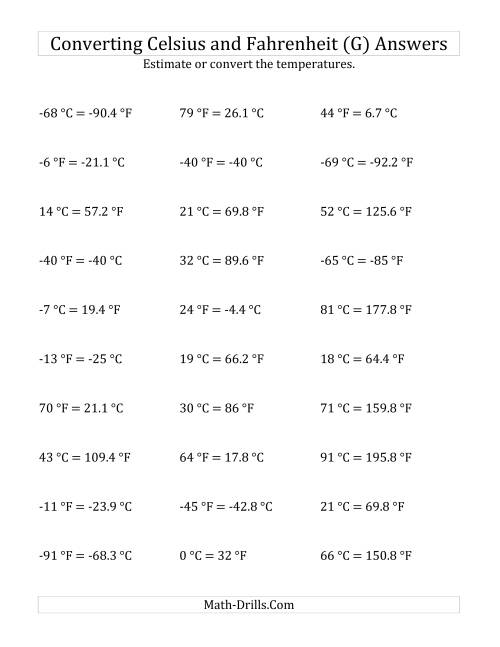 The Converting Between Fahrenheit and Celsius with Negative Values (G) Math Worksheet Page 2