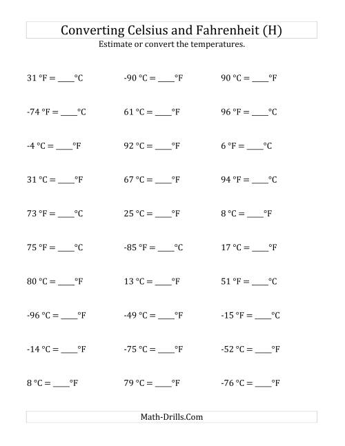 The Converting Between Fahrenheit and Celsius with Negative Values (H) Math Worksheet