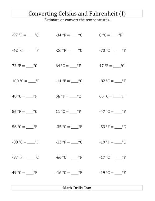 The Converting Between Fahrenheit and Celsius with Negative Values (I) Math Worksheet