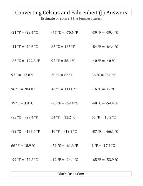 The Converting Between Fahrenheit and Celsius with Negative Values (J) Math Worksheet Page 2