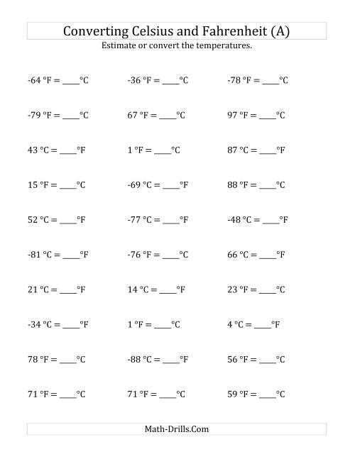 The Converting Between Fahrenheit and Celsius with Negative Values (All) Math Worksheet
