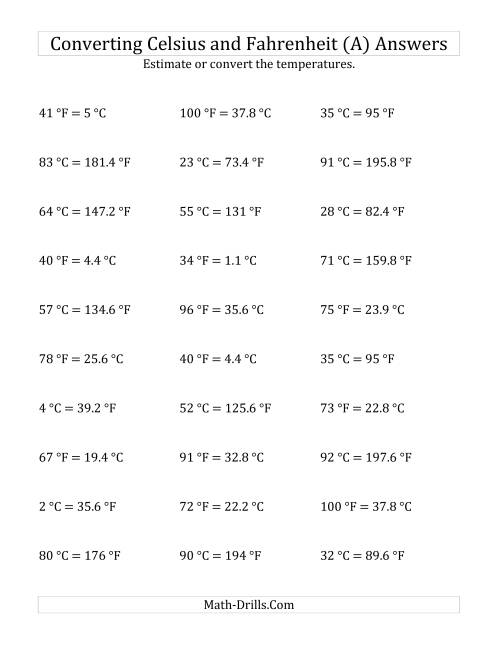 The Converting Between Fahrenheit and Celsius with No Negative Values (A) Math Worksheet Page 2