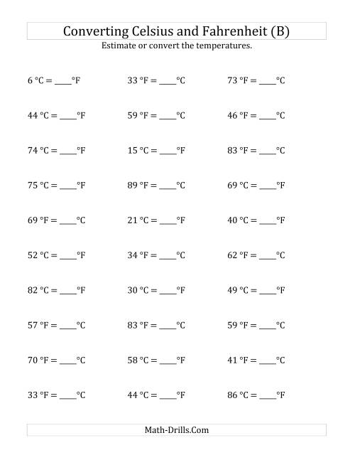 The Converting Between Fahrenheit and Celsius with No Negative Values (B) Math Worksheet