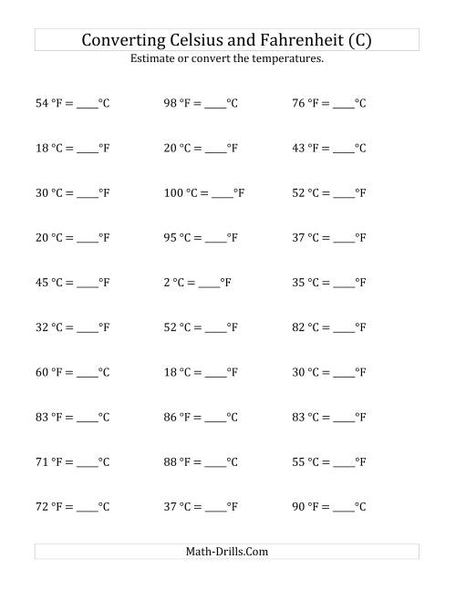 The Converting Between Fahrenheit and Celsius with No Negative Values (C) Math Worksheet