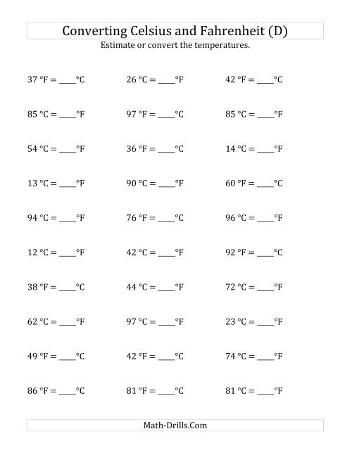 The Converting Between Fahrenheit and Celsius with No Negative Values (D) Math Worksheet