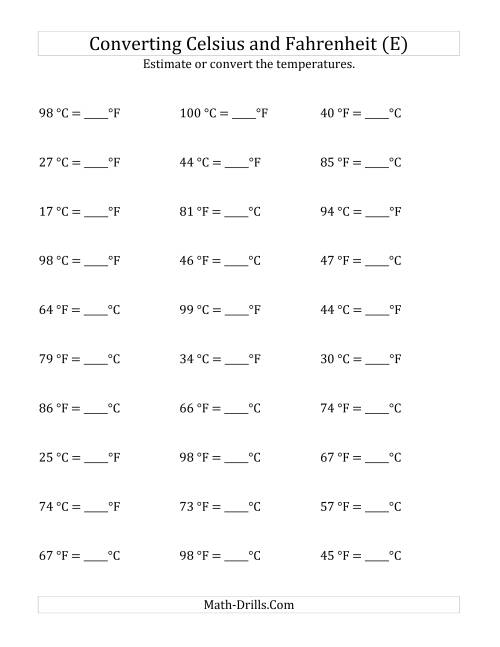 The Converting Between Fahrenheit and Celsius with No Negative Values (E) Math Worksheet