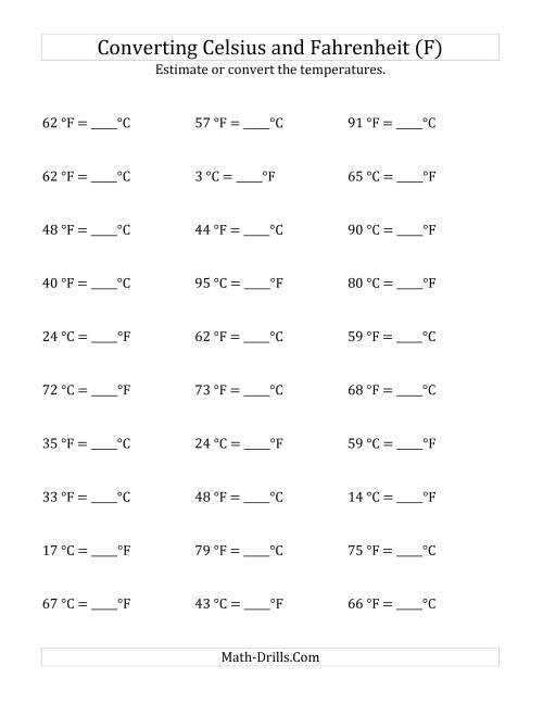The Converting Between Fahrenheit and Celsius with No Negative Values (F) Math Worksheet