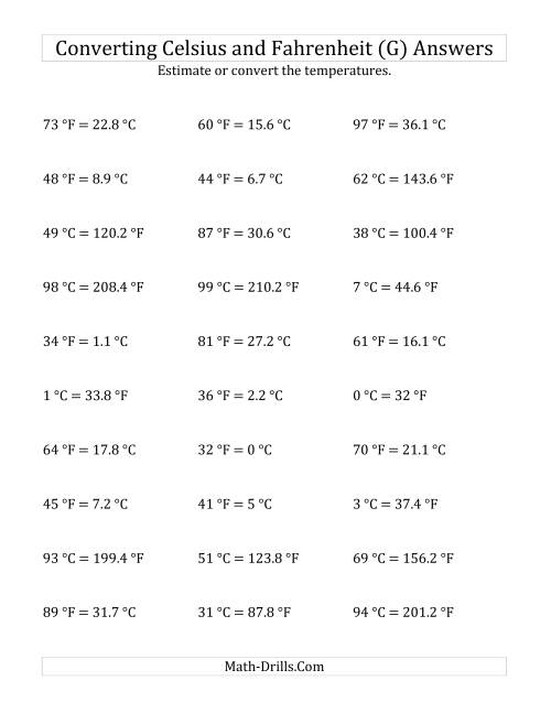 The Converting Between Fahrenheit and Celsius with No Negative Values (G) Math Worksheet Page 2
