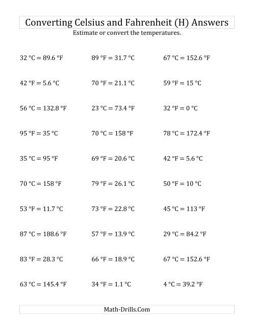 The Converting Between Fahrenheit and Celsius with No Negative Values (H) Math Worksheet Page 2