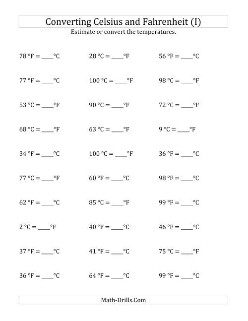 The Converting Between Fahrenheit and Celsius with No Negative Values (I) Math Worksheet