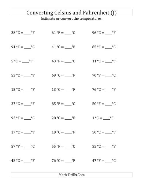 The Converting Between Fahrenheit and Celsius with No Negative Values (J) Math Worksheet