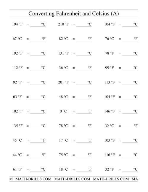 The Converting Between Fahrenheit and Celsius with No Negative Values (Old) Math Worksheet