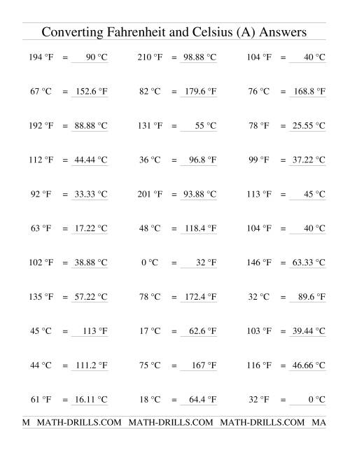 The Converting Between Fahrenheit and Celsius with No Negative Values (Old) Math Worksheet Page 2