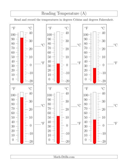 The Reading Temperatures from Thermometers (A) Math Worksheet