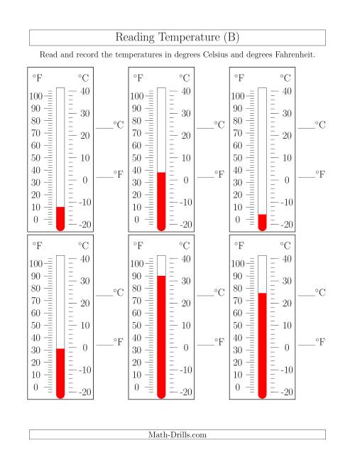 The Reading Temperatures from Thermometers (B) Math Worksheet