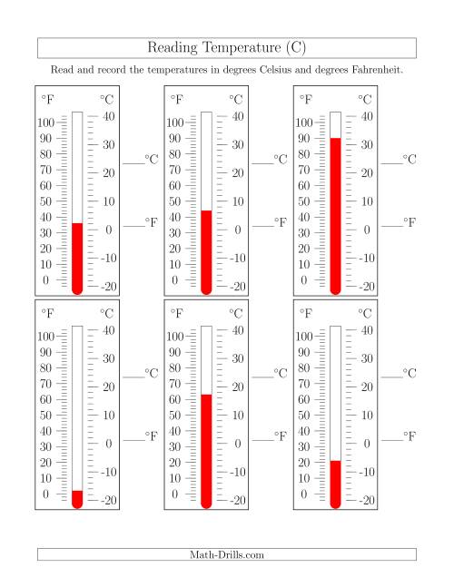 The Reading Temperatures from Thermometers (C) Math Worksheet