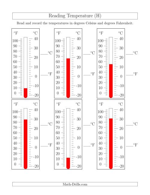 The Reading Temperatures from Thermometers (H) Math Worksheet