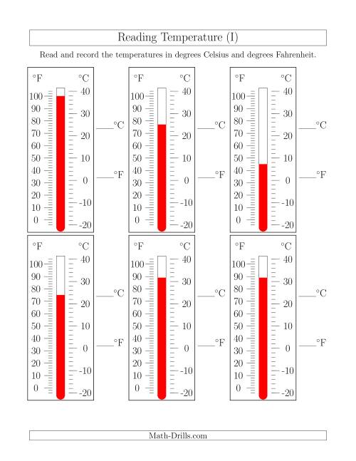 The Reading Temperatures from Thermometers (I) Math Worksheet