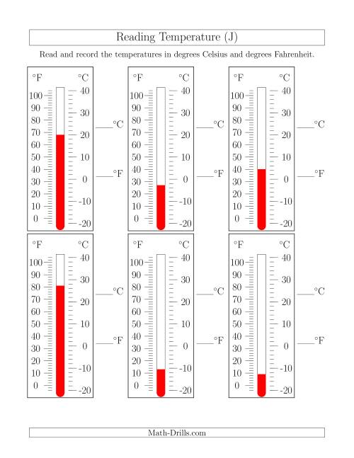 The Reading Temperatures from Thermometers (J) Math Worksheet