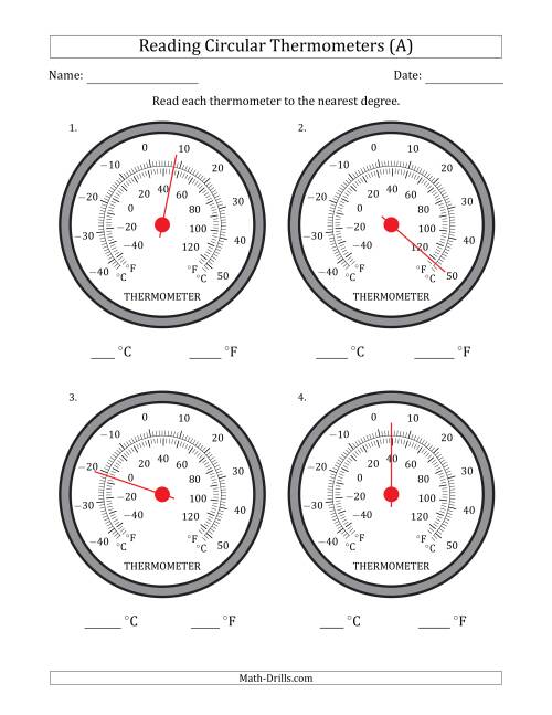 The Reading Temperatures from Circular Thermometers (Celsius Dominant) (A) Math Worksheet