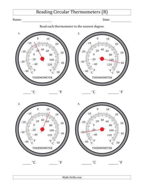 The Reading Temperatures from Circular Thermometers (Celsius Dominant) (B) Math Worksheet