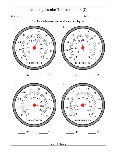 The Reading Temperatures from Circular Thermometers (Celsius Dominant) (C) Math Worksheet