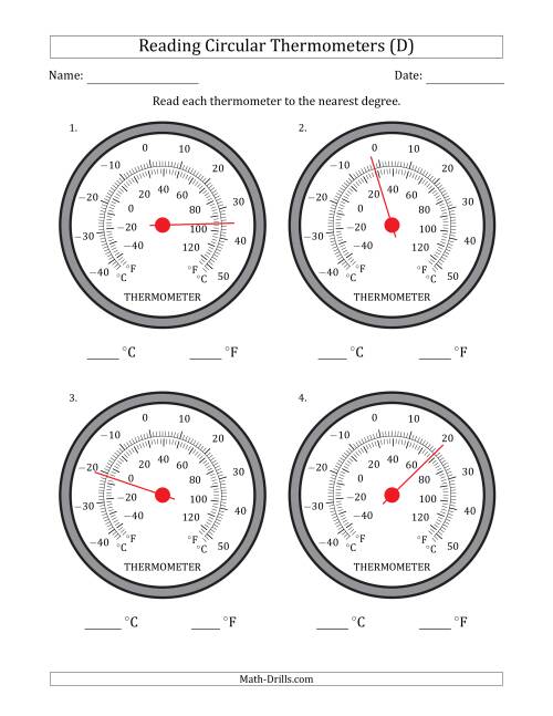 The Reading Temperatures from Circular Thermometers (Celsius Dominant) (D) Math Worksheet