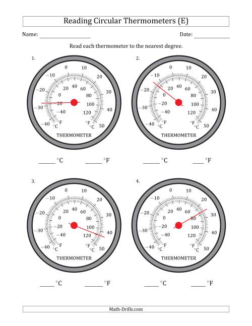 The Reading Temperatures from Circular Thermometers (Celsius Dominant) (E) Math Worksheet
