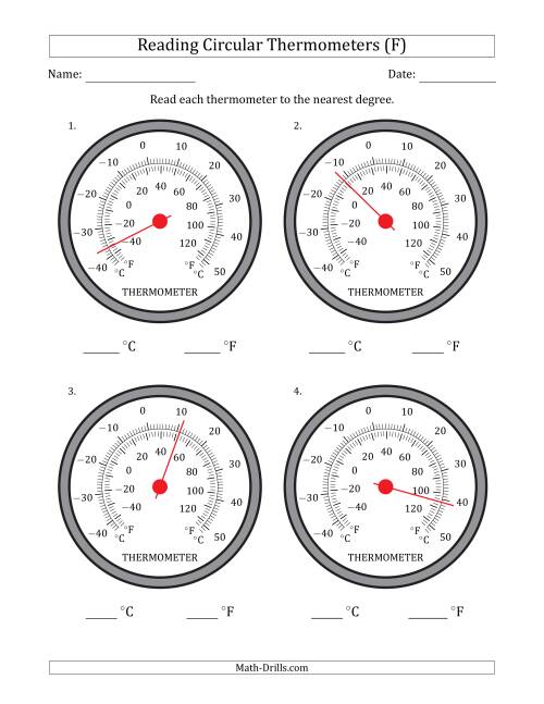 The Reading Temperatures from Circular Thermometers (Celsius Dominant) (F) Math Worksheet