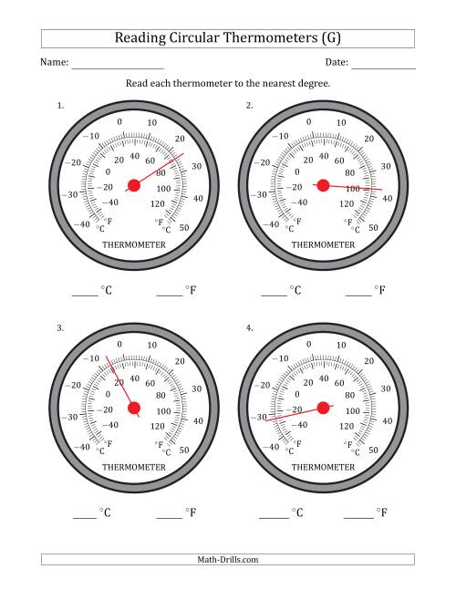 The Reading Temperatures from Circular Thermometers (Celsius Dominant) (G) Math Worksheet
