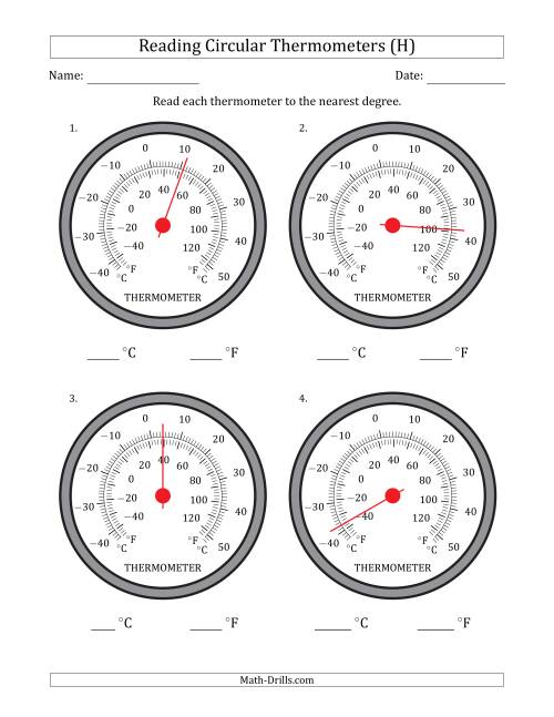 The Reading Temperatures from Circular Thermometers (Celsius Dominant) (H) Math Worksheet