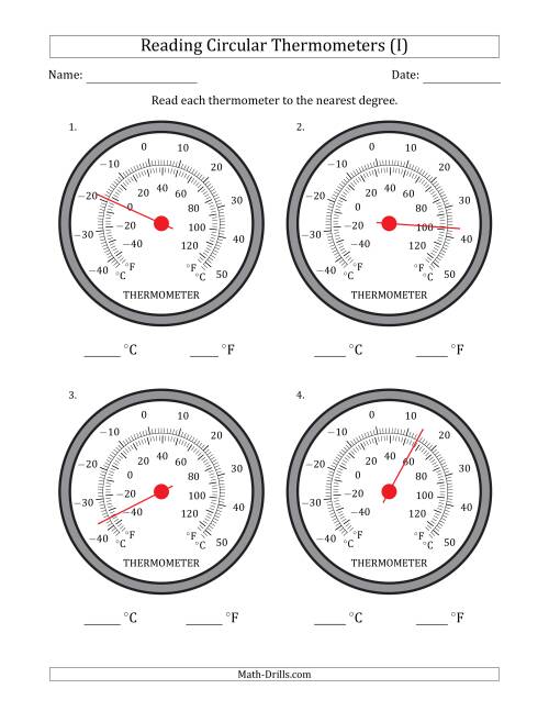 The Reading Temperatures from Circular Thermometers (Celsius Dominant) (I) Math Worksheet