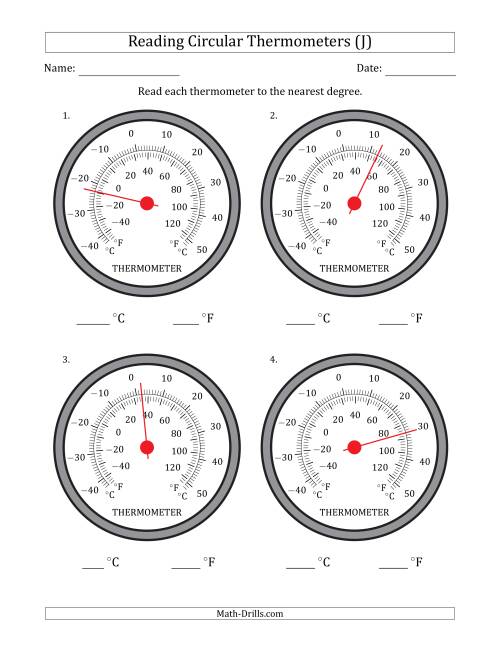 The Reading Temperatures from Circular Thermometers (Celsius Dominant) (J) Math Worksheet