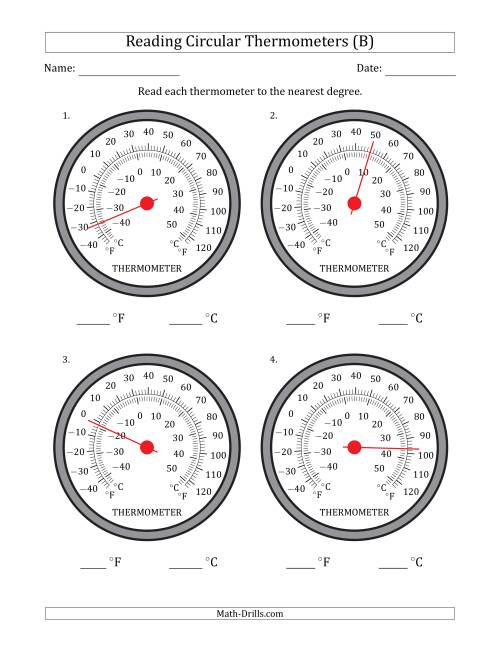 The Reading Temperatures from Circular Thermometers (Fahrenheit Dominant) (B) Math Worksheet