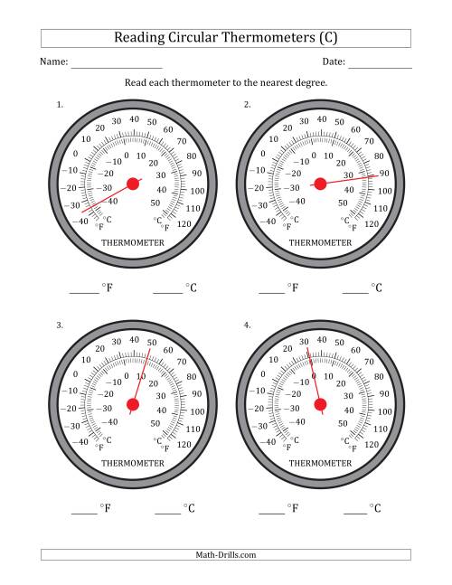 The Reading Temperatures from Circular Thermometers (Fahrenheit Dominant) (C) Math Worksheet