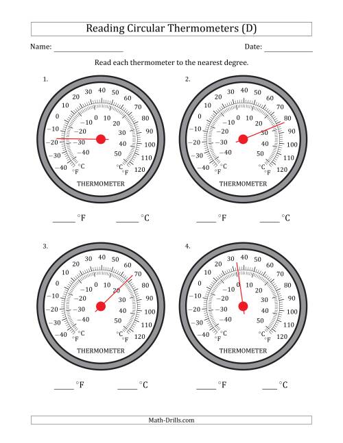 The Reading Temperatures from Circular Thermometers (Fahrenheit Dominant) (D) Math Worksheet