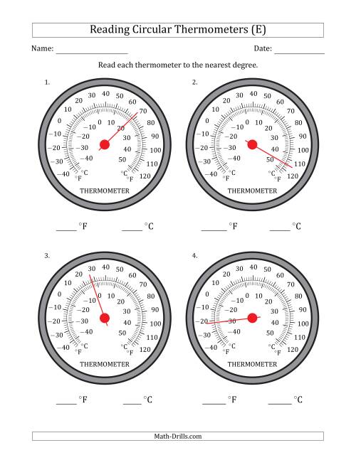 The Reading Temperatures from Circular Thermometers (Fahrenheit Dominant) (E) Math Worksheet