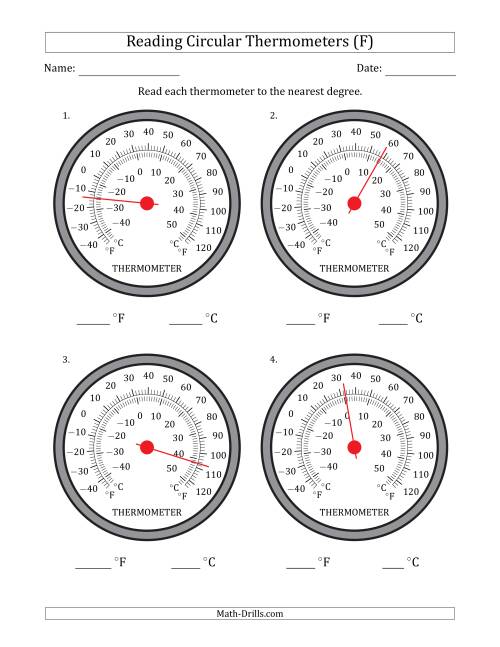 The Reading Temperatures from Circular Thermometers (Fahrenheit Dominant) (F) Math Worksheet