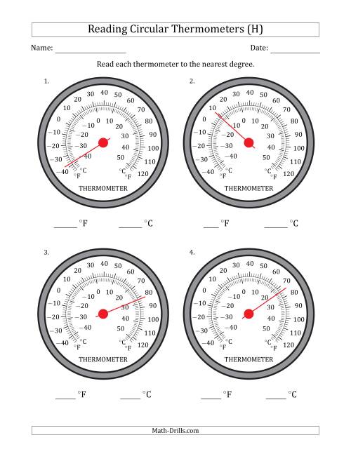 The Reading Temperatures from Circular Thermometers (Fahrenheit Dominant) (H) Math Worksheet
