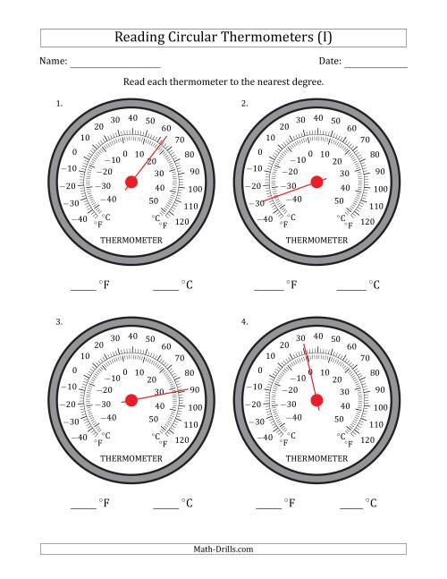 The Reading Temperatures from Circular Thermometers (Fahrenheit Dominant) (I) Math Worksheet
