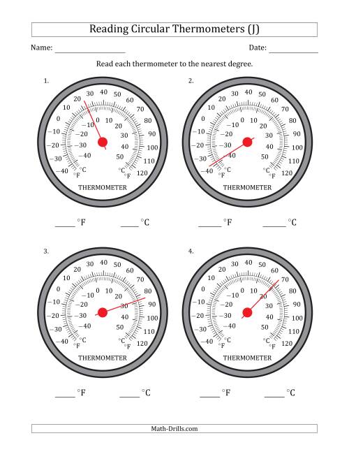 The Reading Temperatures from Circular Thermometers (Fahrenheit Dominant) (J) Math Worksheet