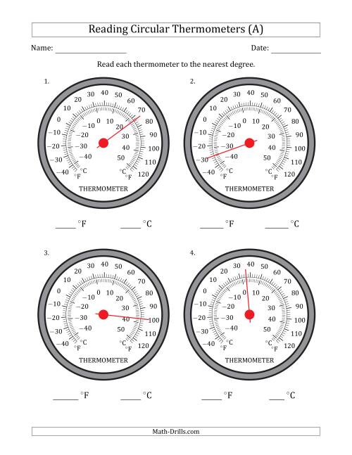 The Reading Temperatures from Circular Thermometers (Fahrenheit Dominant) (All) Math Worksheet