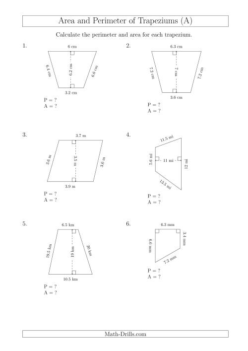 The Calculating Area and Perimeter of Trapeziums (Smaller Numbers) (A) Math Worksheet