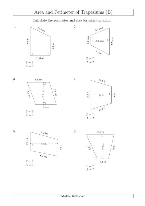 The Calculating Area and Perimeter of Trapeziums (Smaller Numbers) (B) Math Worksheet