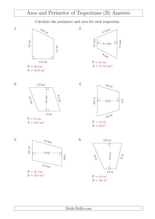 The Calculating Area and Perimeter of Trapeziums (Smaller Numbers) (B) Math Worksheet Page 2