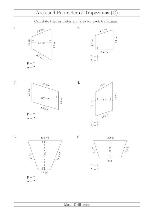 The Calculating Area and Perimeter of Trapeziums (Smaller Numbers) (C) Math Worksheet